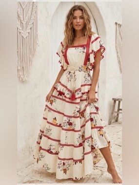 Boho Floral Dusty Blue Maxi Dress with Red Trim NWT *** Handmade and GORGEOUS **